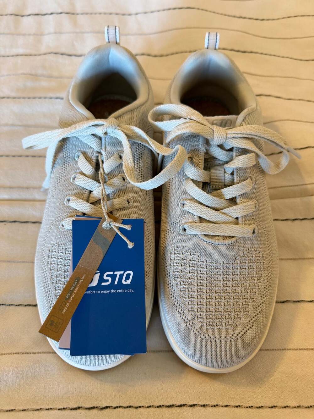 STQ women’s sneakers knit mesh breathable eco friendly vegan beige - 9